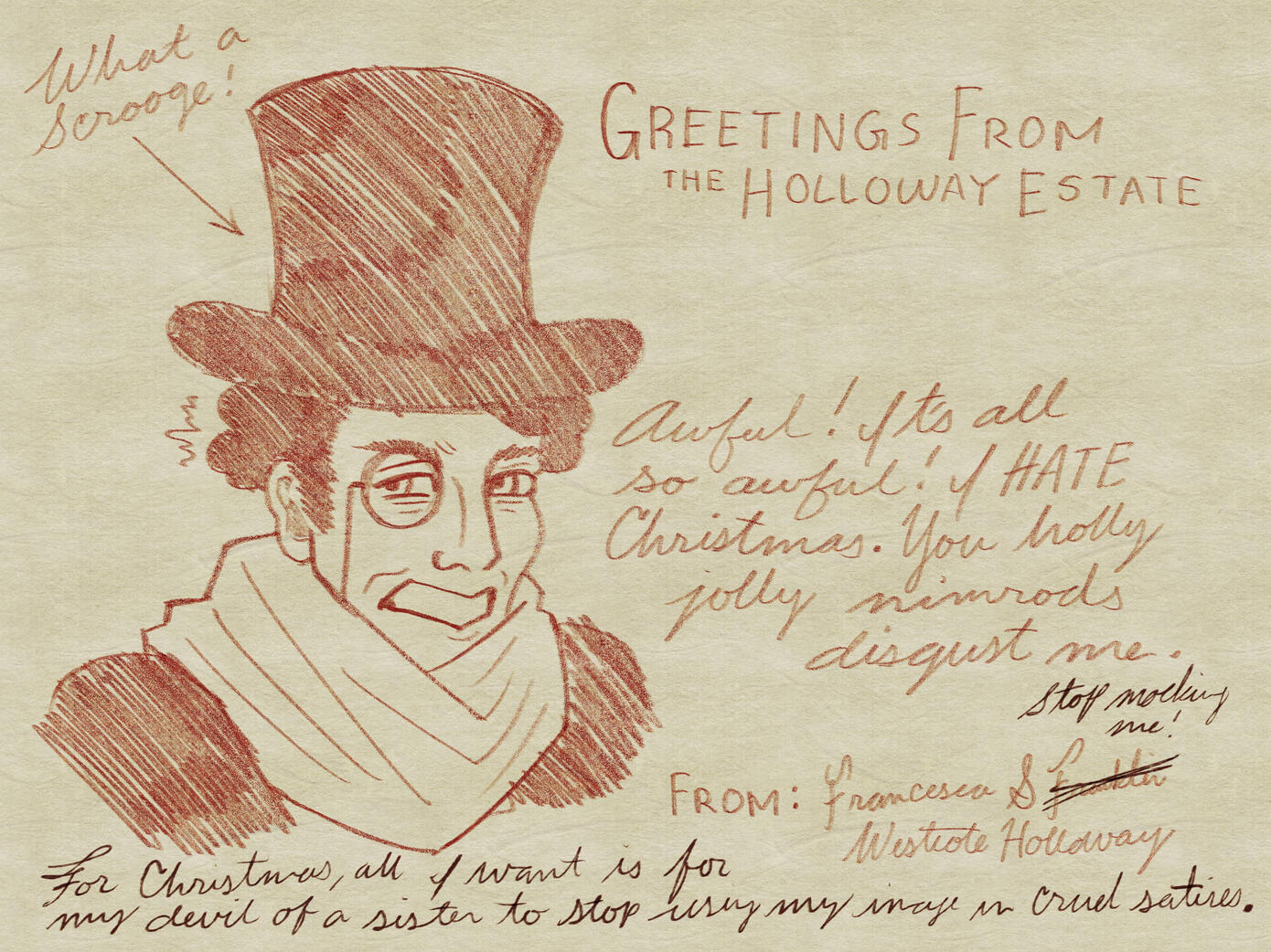 A Christmas sketch by Francesca Westcote-Holloway mocking her brother&#39;s poor holiday spirit. 1913.